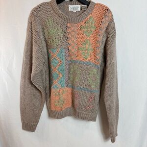Vintage 90s JJ Fargo Patchwork Embroidered Hand-Knit Boho Sweater Granniecore